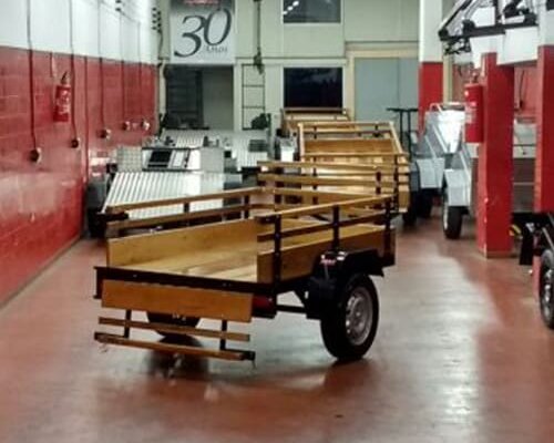 Carretinhas disponíveis para locação em ambiente interno, alinhadas e prontas para transporte seguro.