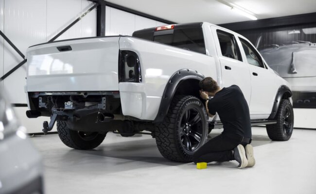 Técnico instalando engate de reboque em picape na oficina, seguindo boas práticas para instalar engates automotivos