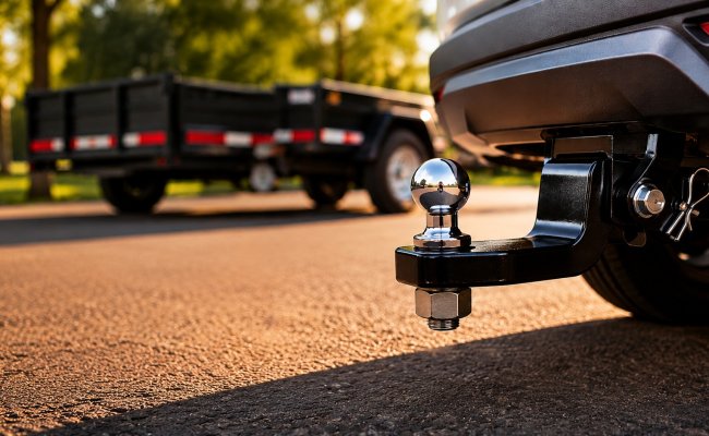 Engate reboque instalado em veículo com carreta ao fundo, representando a escolha do modelo ideal para transporte seguro.