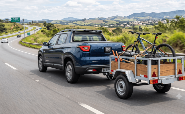 Fiat Toro azul rebocando uma carretinha fazendinha de madeira e metal em uma rodovia, equipada com engate homologado e transportando bicicletas e equipamentos.