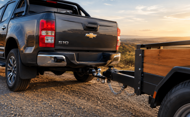 Engate para Chevrolet S10 conectado a uma carreta utilitária para reboque